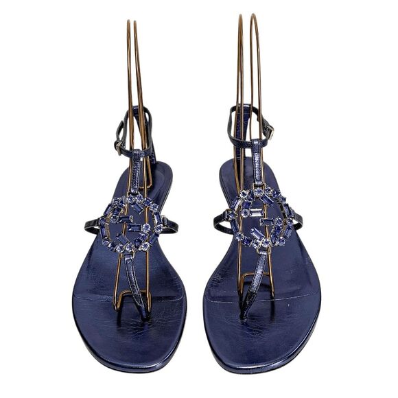Gucci Crystal GG T-Strap Flat Sandals EU 37 US 7 Blue Metallic Interlocking G - Picture 2 of 9